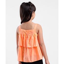 Babyhug Sleeveless Swiss Dot Woven Top With Bow & Frill Detailing - Peach