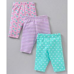Babyhug Three Fourth Length Cotton Knit Leggings Stripes & Heart Print Pack of 3 - Multicolour