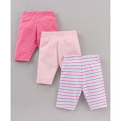 Babyhug Three Fourth Length Lycra Leggings  With Stretch Striped Pack Of 3 - Pink