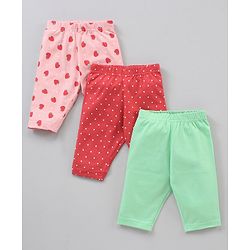 Babyhug Cotton Knit Three Fourth Length Leggings Solid & Strawberry Printed Pack Of 3 - Multicolour