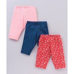 Babyhug Cotton Knit Three Fourth Length Leggings Solid & Floral Printed Pack Of 3 - Multicolour