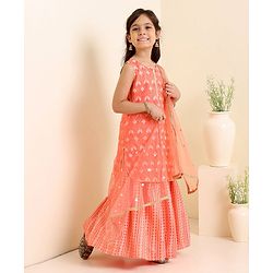 Babyhug Sleeveless Printed Kurti & Skirt Set With Dupatta- Peach
