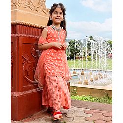Babyhug Sleeveless Printed Kurti & Skirt Set With Dupatta- Peach