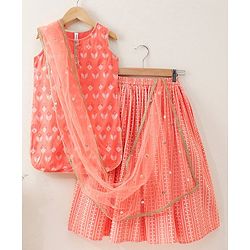 Babyhug Sleeveless Printed Kurti & Skirt Set With Dupatta- Peach