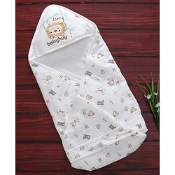 Babyhug Cotton Hooded Wrapper Lion Print - White