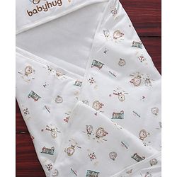 Babyhug Cotton Hooded Wrapper Lion Print - White