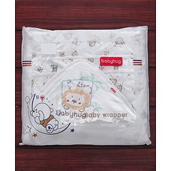 Babyhug Cotton Hooded Wrapper Lion Print - White