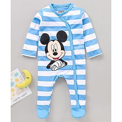 Babyhug Full Sleeves Sleepsuit Mickey Mouse & Stripe Print - Blue