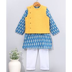 Babyhug Woven Full Sleeves Kurta Pyjama Set with Solid Waistcoat - Aqua Yellow