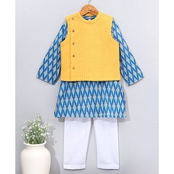 Babyhug Woven Full Sleeves Kurta Pyjama Set with Solid Waistcoat - Aqua Yellow