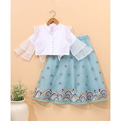 Babyhug Three Fourth Sleeves Top & Skirt Set Floral Embroidery- Mint
