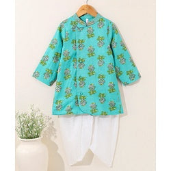 Babyhug Full Sleeves Cotton Kurta & Dhoti Set Printed- Mint
