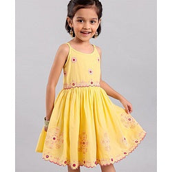 Babyhug Singlet Sleeves Woven Ethnic Dress Floral Embroidery - Yellow