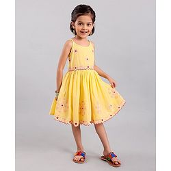 Babyhug Singlet Sleeves Woven Ethnic Dress Floral Embroidery - Yellow