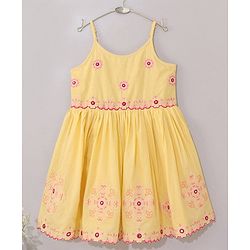 Babyhug Singlet Sleeves Woven Ethnic Dress Floral Embroidery - Yellow