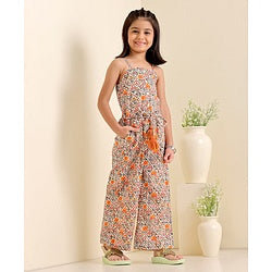 Babyhug Woven Sleeveless Floral Printed Ethnic Jumpsuit - Orange