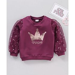 Babyhug Full Sleeves Cotton Knit Sweatshirt With Sequin & Mesh Detailing- Maroon