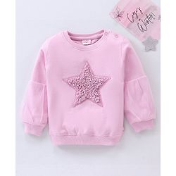 Babyhug Full Sleeves Cotton Knit Sweatshirt With Fur Embroidery & Mesh Detailing at Sleeves - Pink