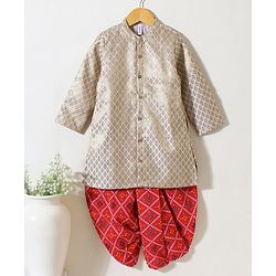 Babyhug Cotton Full Sleeves Dhoti Kurta Set Printed - Silver Red