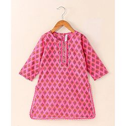 Babyhug Cotton Woven Three Fourth Sleeves Kurti & Sharara Set with Dupatta Ethnic Print - Pink