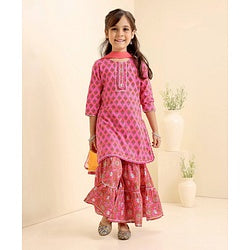 Babyhug Cotton Woven Three Fourth Sleeves Kurti & Sharara Set with Dupatta Ethnic Print - Pink
