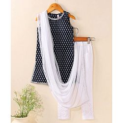 Babyhug Cotton Woven Sleeveless Kurti & Churidar Set with Dupatta Ethnic Print - Navy