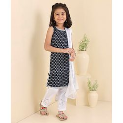 Babyhug Cotton Woven Sleeveless Kurti & Churidar Set with Dupatta Ethnic Print - Navy