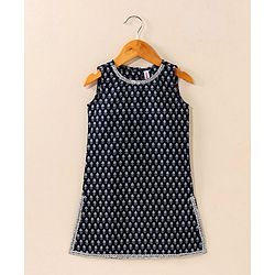 Babyhug Cotton Woven Sleeveless Kurti & Churidar Set with Dupatta Ethnic Print - Navy