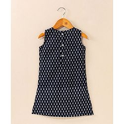 Babyhug Cotton Woven Sleeveless Kurti & Churidar Set with Dupatta Ethnic Print - Navy