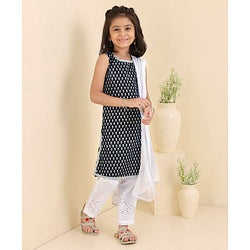 Babyhug Cotton Woven Sleeveless Kurti & Churidar Set with Dupatta Ethnic Print - Navy