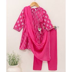 Babyhug Cotton Three Fourth Sleeves Kurti With Churidar Pant & Dupatta Printed- Pink