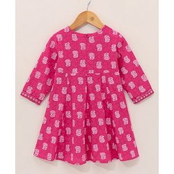 Babyhug Cotton Three Fourth Sleeves Kurti With Churidar Pant & Dupatta Printed- Pink