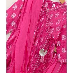 Babyhug Cotton Three Fourth Sleeves Kurti With Churidar Pant & Dupatta Printed- Pink