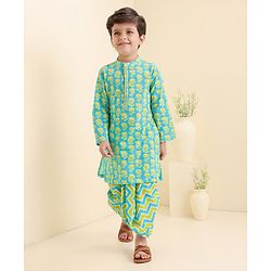 Babyhug Cotton Woven Full Sleeves Bagh Printed Kurta & Dhoti Set - Teal