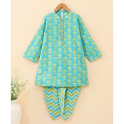 Babyhug Cotton Woven Full Sleeves Bagh Printed Kurta & Dhoti Set - Teal