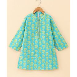 Babyhug Cotton Woven Full Sleeves Bagh Printed Kurta & Dhoti Set - Teal
