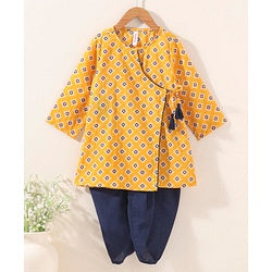 Babyhug Cotton Woven Full Sleeves Ethnic Print Kurta & Dhoti Set - Yellow