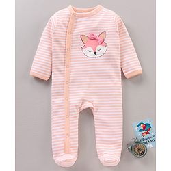 Babyhug Cotton Knit Full Sleeves Sleepsuit Striped - Pink