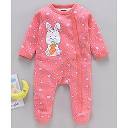 Babyhug Cotton Full Sleeves Footed Sleepsuit Bunny Print - Coral