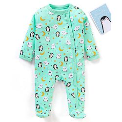 Babyhug Full Sleeves Footed Sleepsuit Penguin Print - Green