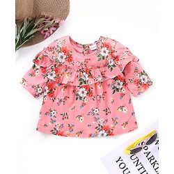 Babyhug Three Fourth Sleeves Rayon Top With Frill Detailing And Floral Print- Pink