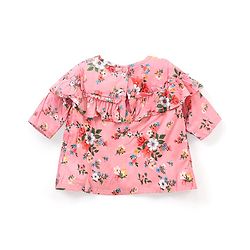 Babyhug Three Fourth Sleeves Rayon Top With Frill Detailing And Floral Print- Pink