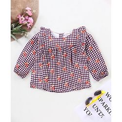 Babyhug Full Sleeves Printed Checks Rayon Top With Floral Print And Frill Detailing-Multicolor