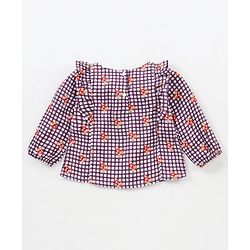 Babyhug Full Sleeves Printed Checks Rayon Top With Floral Print And Frill Detailing-Multicolor