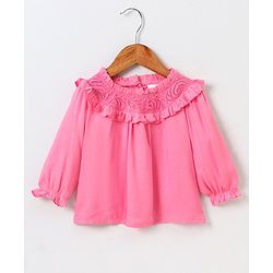 Babyhug Full Sleeves Solid Slub Rayon Top With Lace & Frill Detailing- Pink