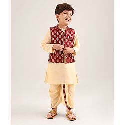 Babyhug Full Sleeves Kurta & Dhoti With Jacket Embroidery Detailing - Cream Maroon