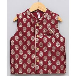 Babyhug Full Sleeves Kurta & Dhoti With Jacket Embroidery Detailing - Cream Maroon