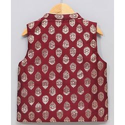 Babyhug Full Sleeves Kurta & Dhoti With Jacket Embroidery Detailing - Cream Maroon