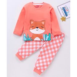 Babyhug Full Sleeves Night Suit Fox Print - Peach