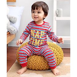 Babyhug Full Sleeves Stripe Night Suit Nap Time Print - Red Blue